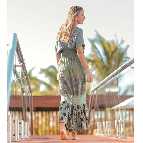 Floral Green Maxi Dress by T. ZOVICH Mixed Media Smocked Waist Crochet Trim - Picture 2 of 12